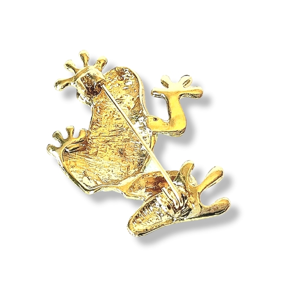 Gold plated green crystal frog brooch - Picture 4 of 13